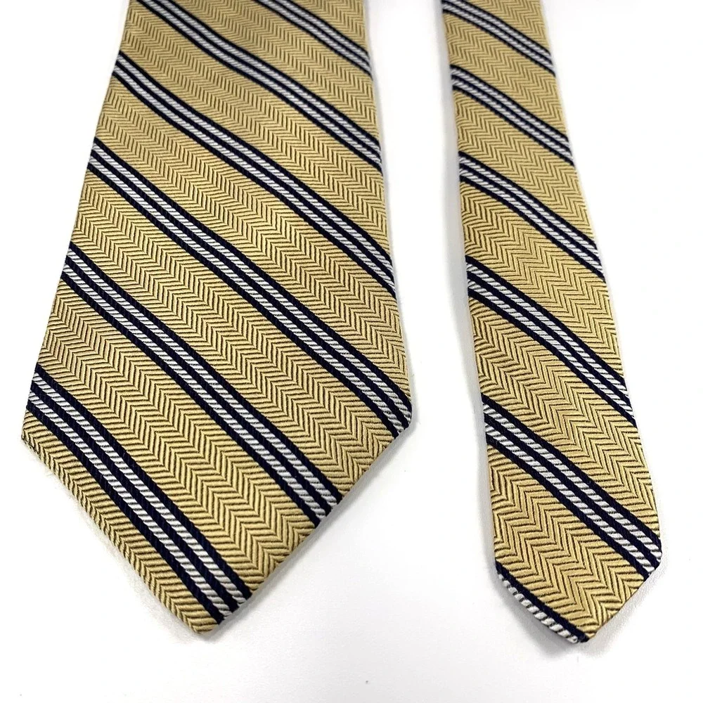 Vintage Brooks Brothers Makers Mens Tie Gold‎ & Blue Striped 100% Silk Repp